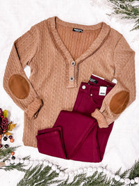 12.18 Button Front Knit Top With Elbow Patch Detail In Chesnut
