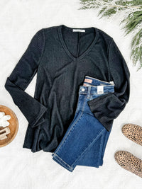 1.03 V Neck Fit & Flare Sweater Knit Top In Black