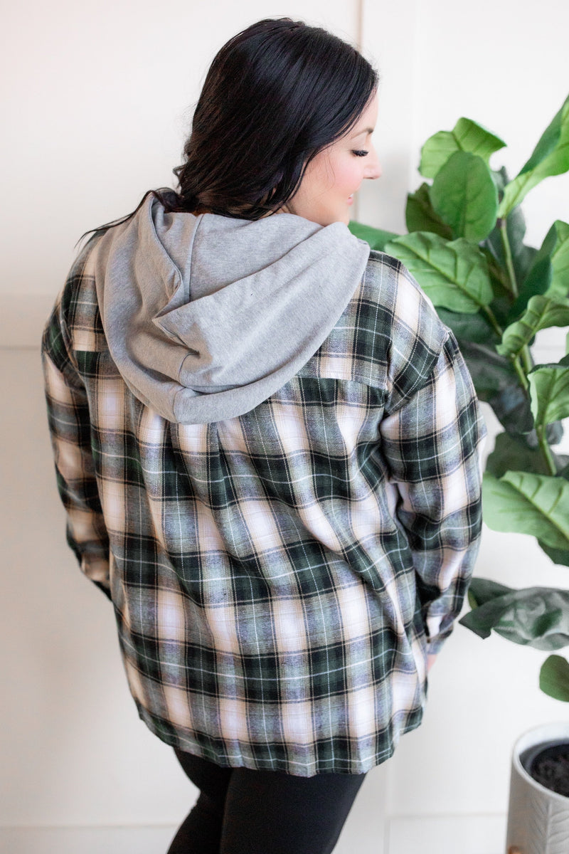12.11 Plaid Hooded Top In Hunter Green & Gold Neutrals