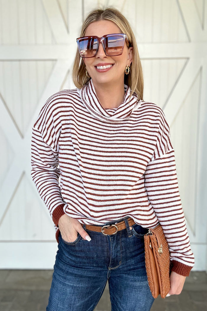 Striped Turtleneck Loose Sweater, Caramel
