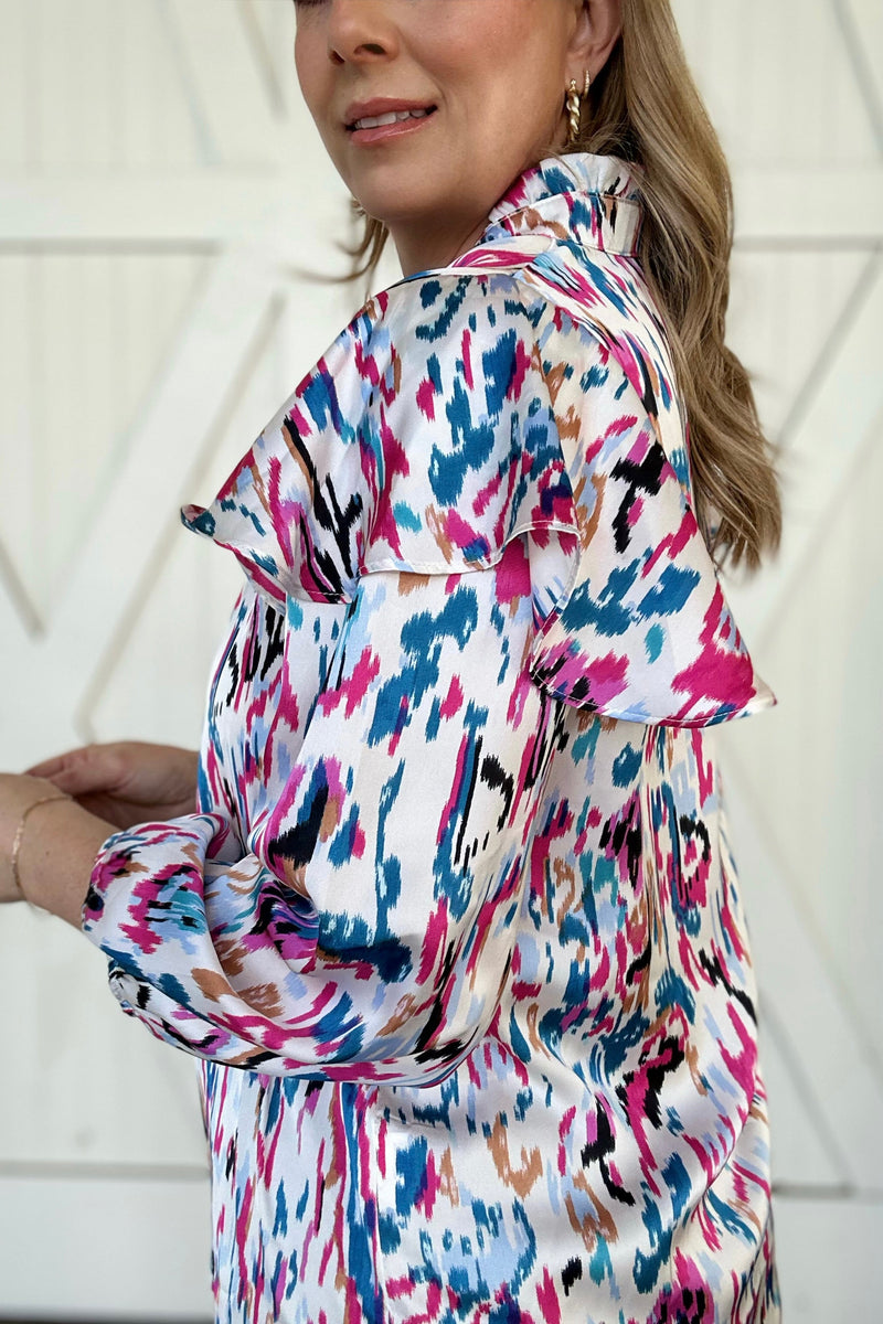 The Veronica Multicolor Print Puff Sleeve Ruffle Blouse