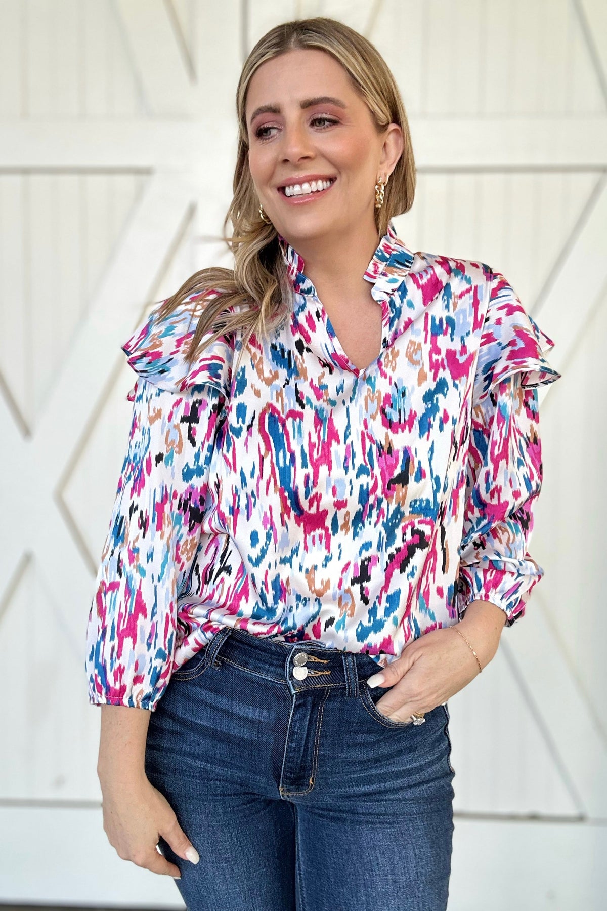 The Veronica Multicolor Print Puff Sleeve Ruffle Blouse