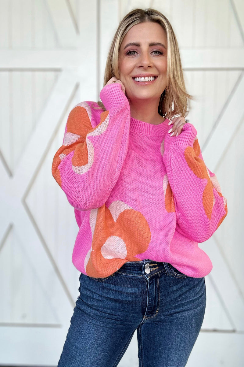 Flower Pattern Slouchy Sweater, Pink
