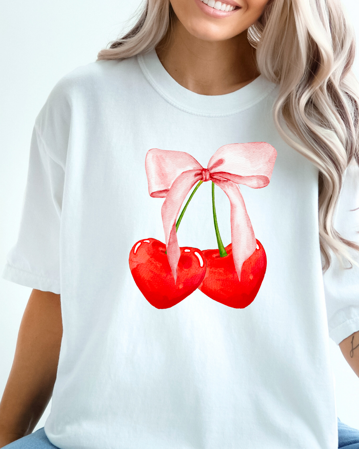 CHERRY PINK BOW TEE (COMFORT COLORS)