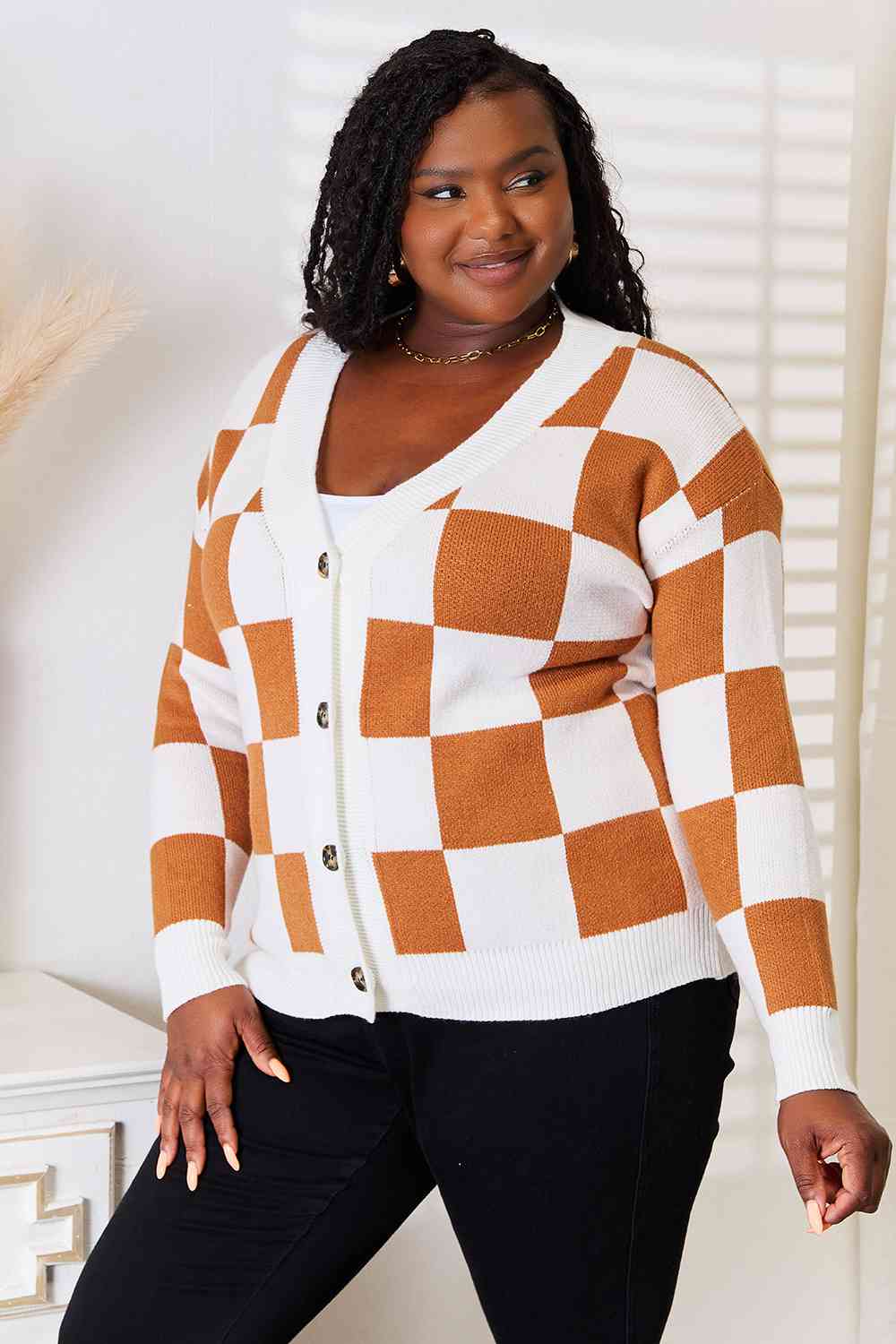 Double Take Button-Up V-Neck Dropped Shoulder Cardigan