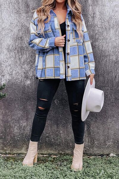 Plaid Pocketed Dropped Shoulder Coat