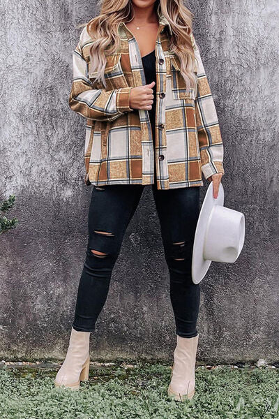 Plaid Pocketed Dropped Shoulder Coat