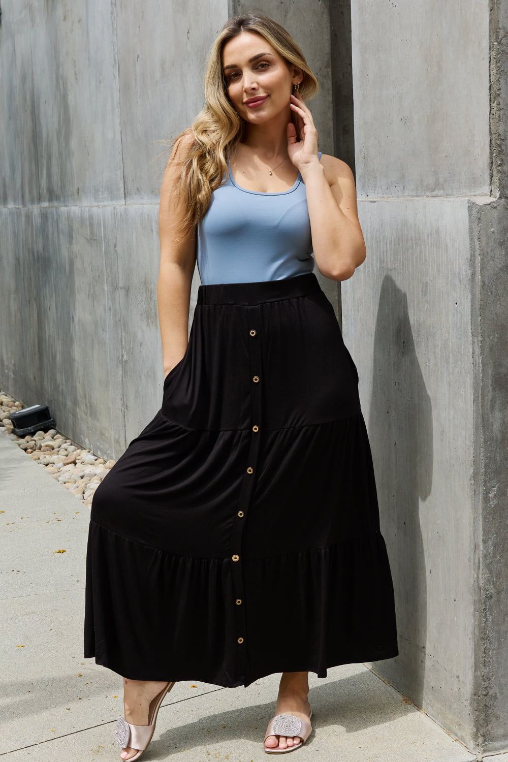 Button front clearance maxi black skirt