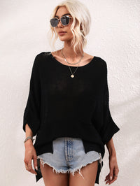 Boat Neck Cuffed Sleeve Slit Tunic Knit Top