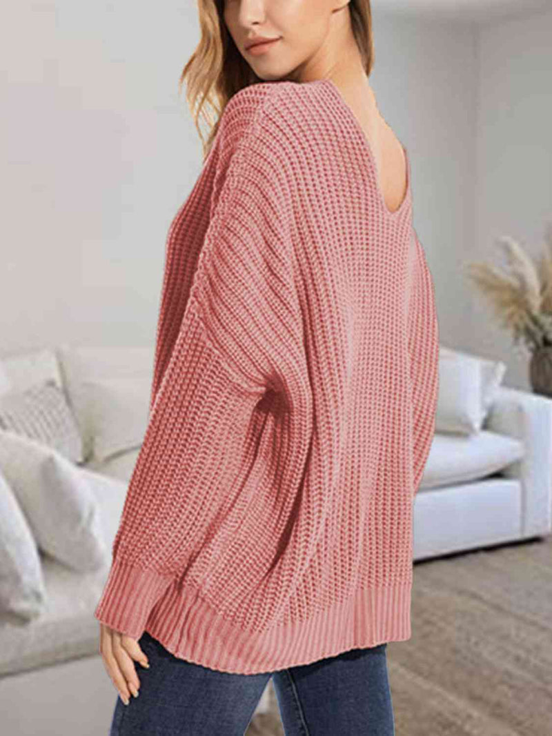 V-Neck Batwing Dropped Shoulder Sweater