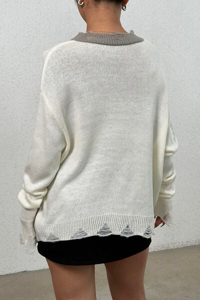 Distressed V-Neck Dropped Shoulder Sweater