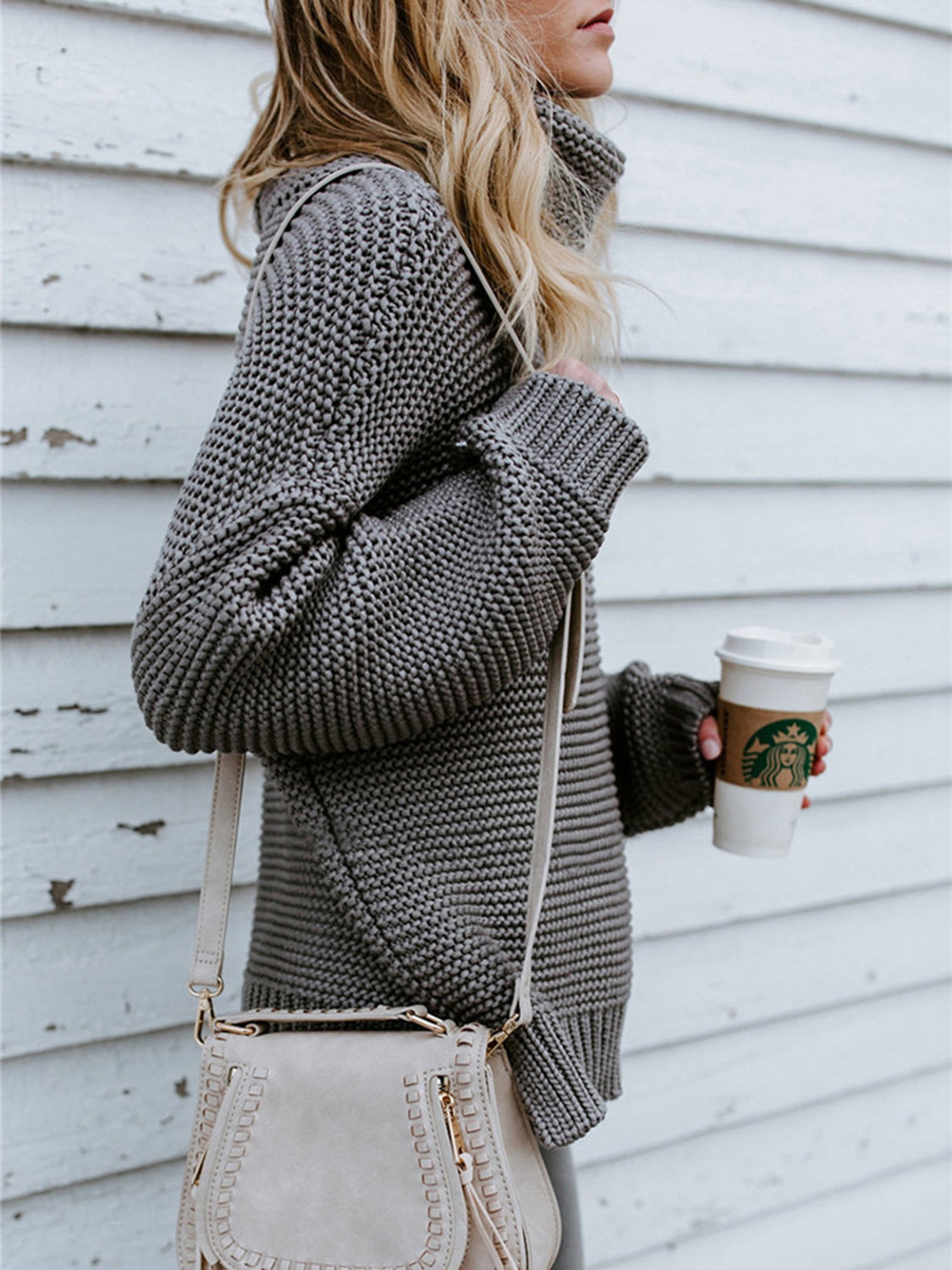 Turtleneck Dropped Shoulder Slit Sweater