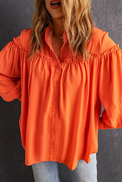 Frill Button Up Lantern Sleeve Blouse