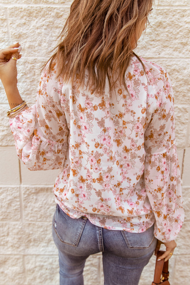 Floral Balloon Sleeve Notched Neck Blouse