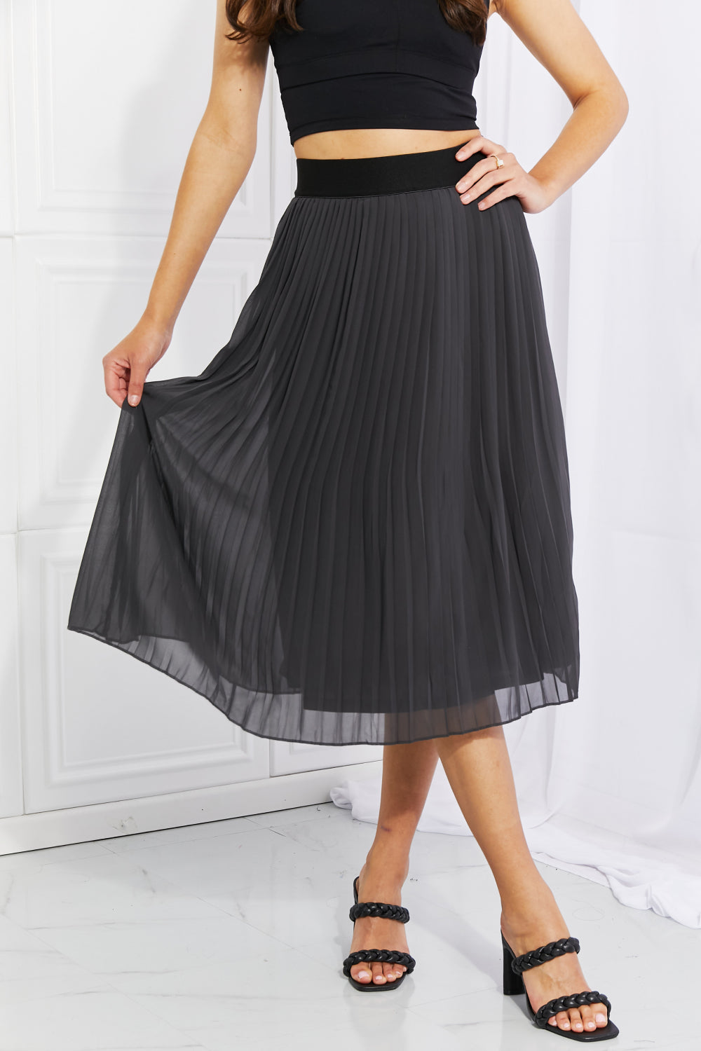 【EEUN】Romantic Midi Flare Skirt Zenana Full Size Romantic At Heart Pleated Chiffon Midi