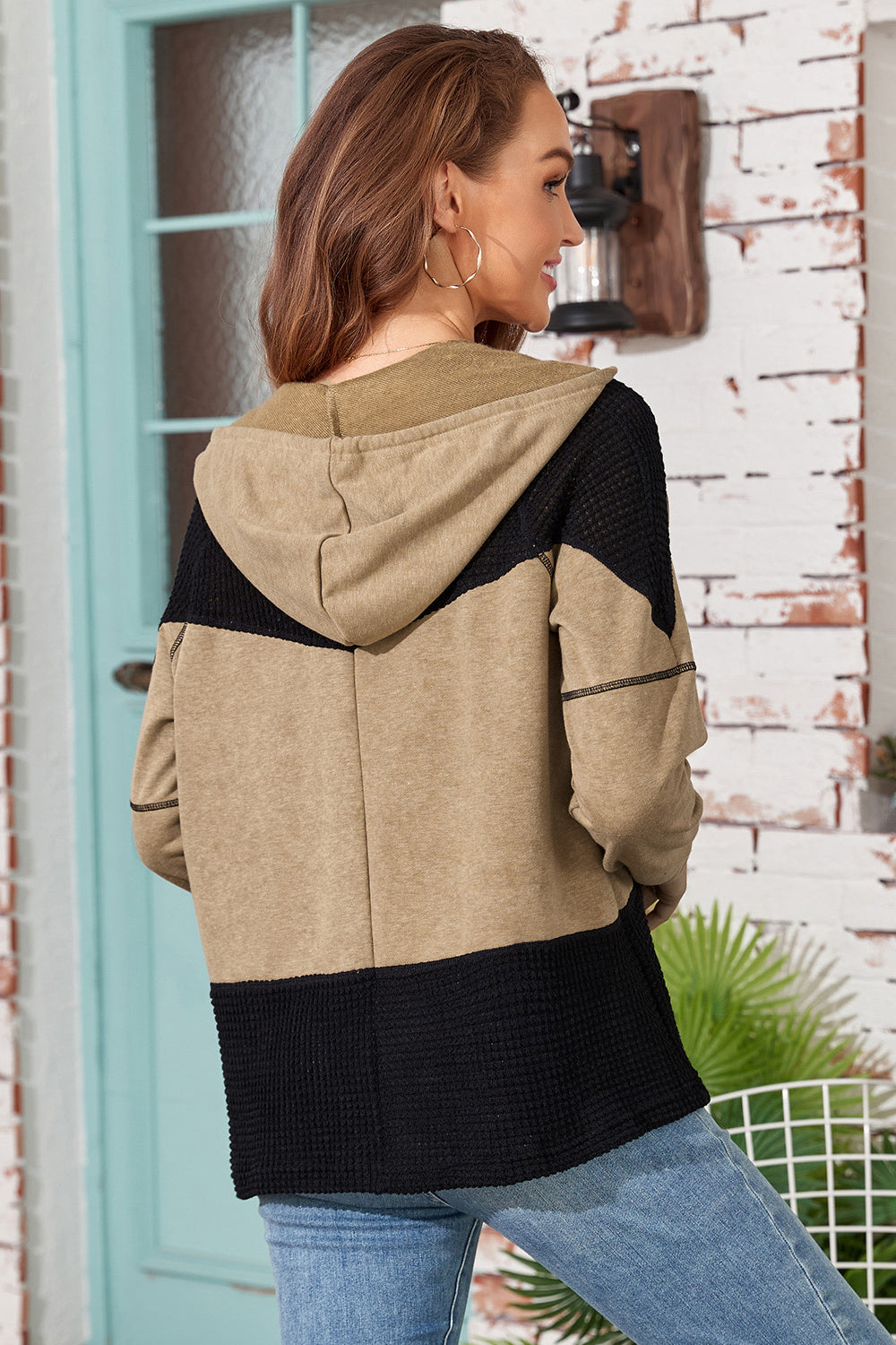 Zip-Up Drawstring Color Block Hooded Jacket