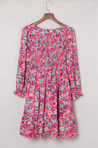 Floral Smocked V-Neck Flounce Sleeve Dress