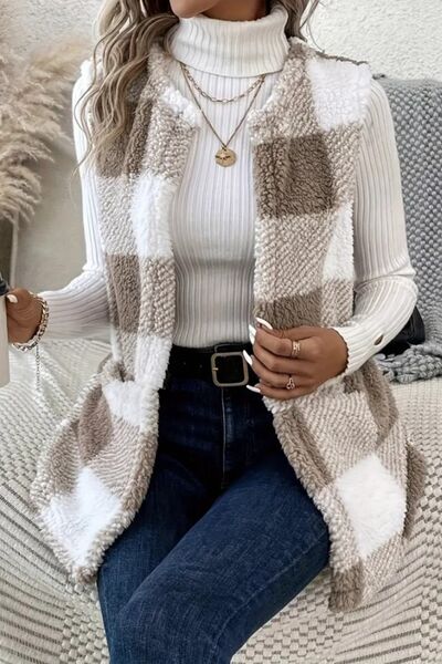 Sherpa Plaid Open Front Vest Coat