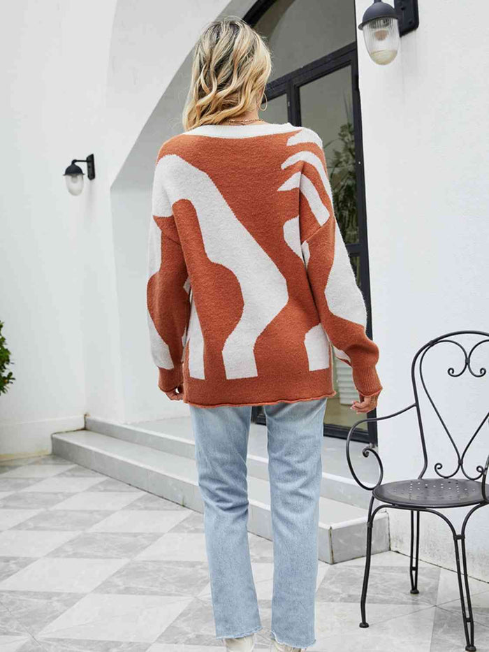 Buttoned Round Neck Drop Shoulder Sweater