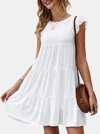 Ruffled Round Neck Cap Sleeve Mini Dress