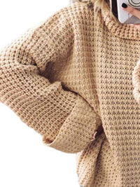 Waffle-Knit Turtleneck Round Neck Sweater