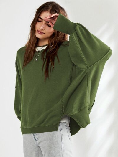 Slit Round Neck Dropped Shoulder Sweatshirt