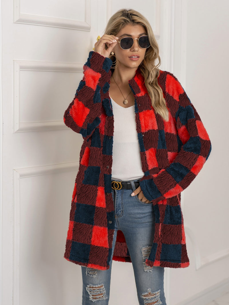 Plaid Collared Neck Longline Coat