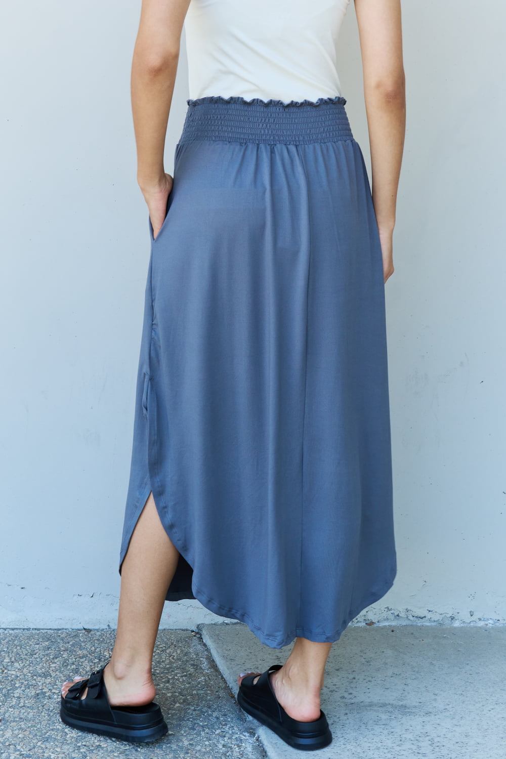 Doublju Comfort Princess Full Size High Waist Scoop Hem Maxi Skirt in Dusty Blue