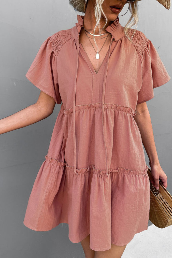 Frill Trim Smocked Tie Neck Dress