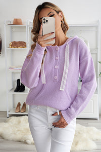 Lace Trim Half-Button Drawstring Knit Hoodie