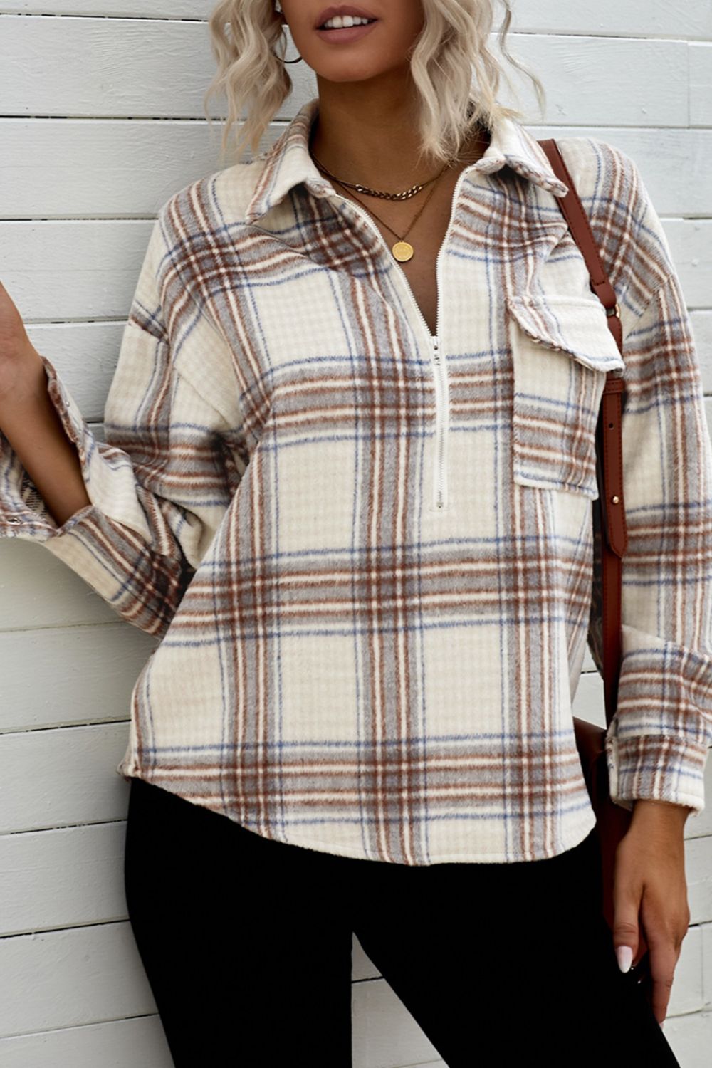 Plaid Half Zip Collared Curved Hem Sweatshirt Blue Hawthorn Boutique