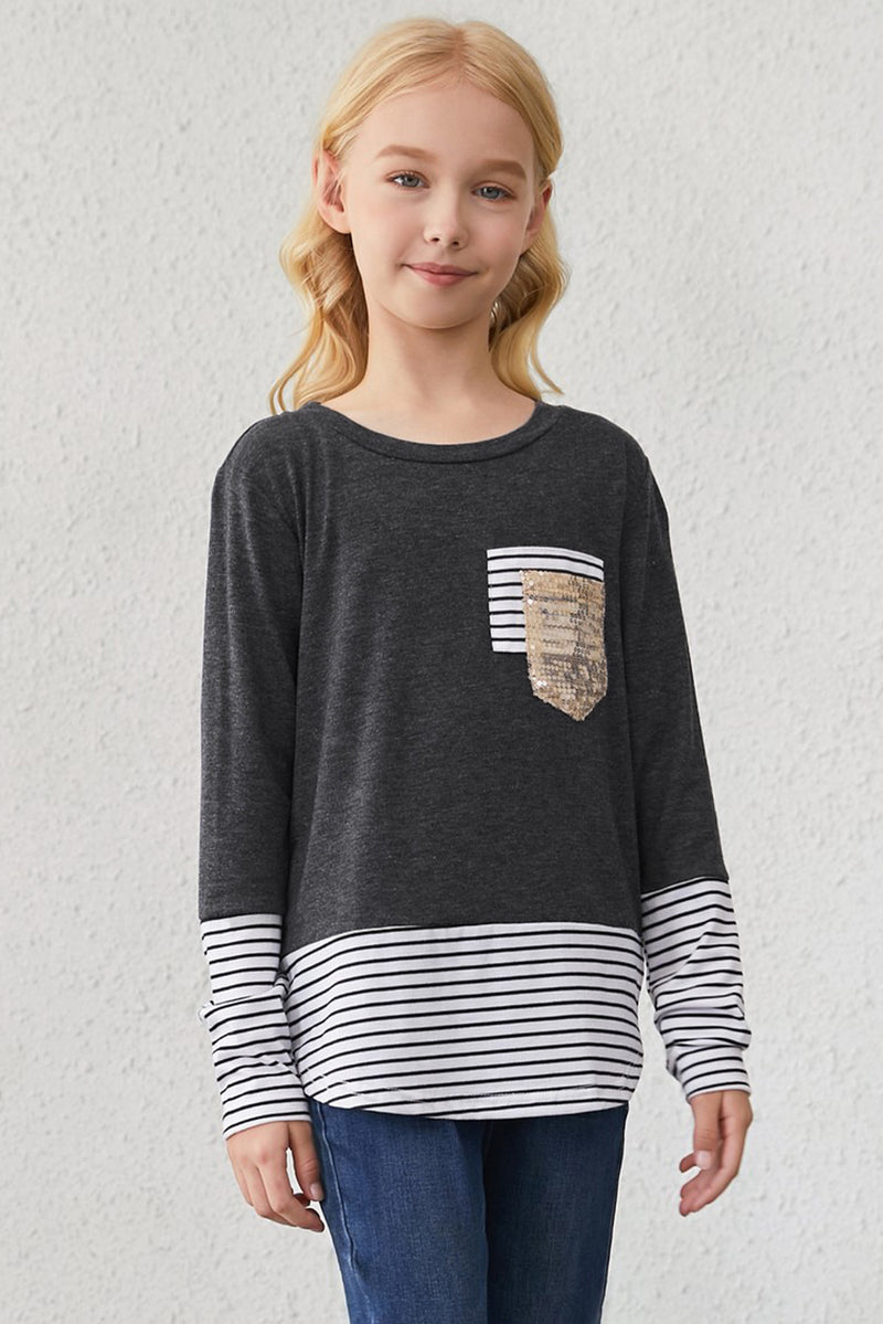 Girls Striped Color Block Sequin Pocket Top