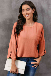 Round Neck Slit Roll-Tab Sleeve Oversize Top