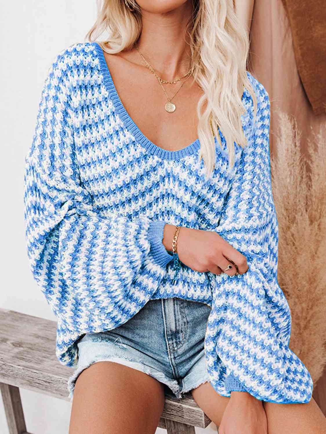 Striped Drop Shoulder V-Neck Sweater