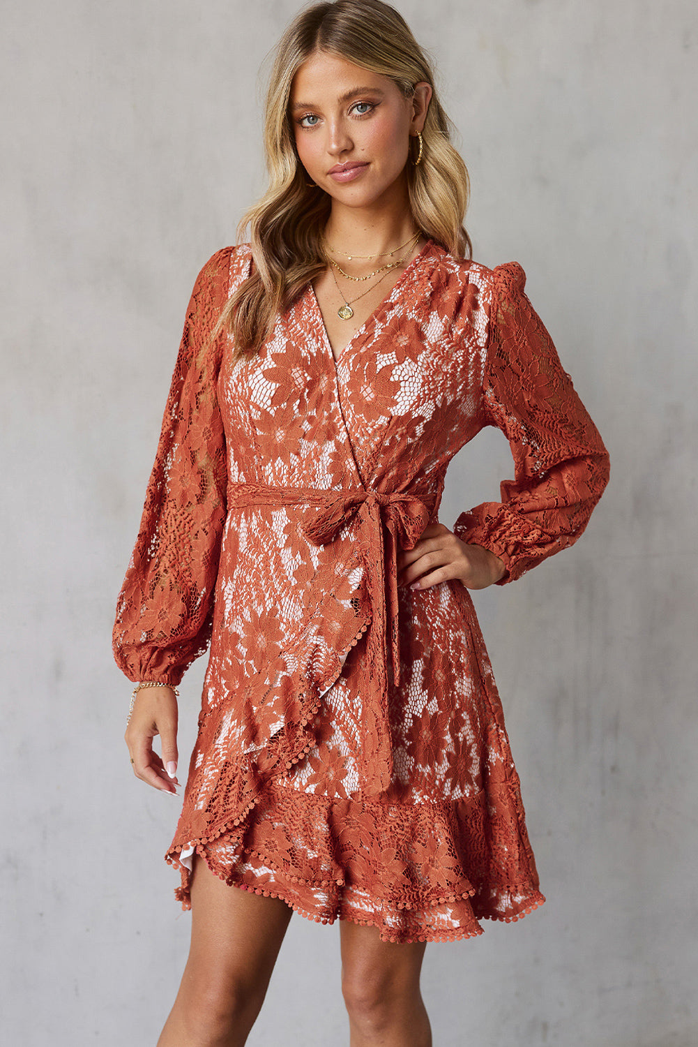 Pompom Trim Puff Sleeve Belted Lace Dress