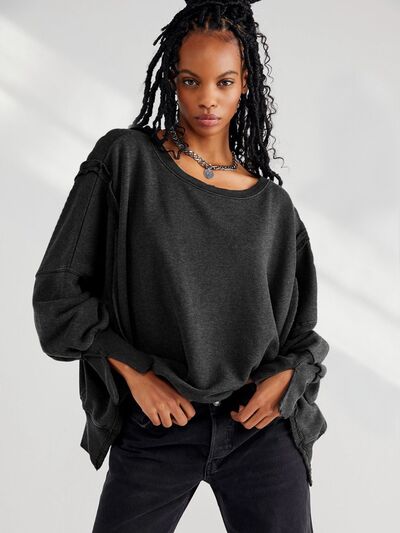 Slit Round Neck Dropped Shoulder Sweatshirt