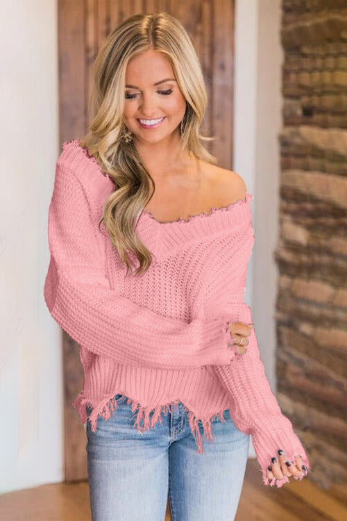 Frayed Hem Dropped Shoulder Sweater