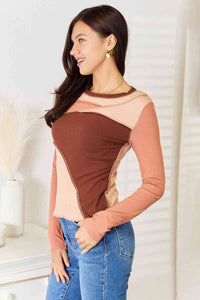 Double Take Color Block Exposed Seam Long Sleeve Top