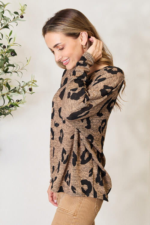 Hopely Full Size Leopard V-Neck Long Sleeve T-Shirt