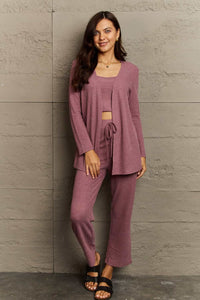 Ninexis Full Size Cropped Top, Long Pants and Cardigan Lounge Set