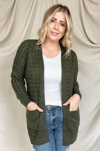 Open Front Woven Texture Knitted Cardigan With Pockets