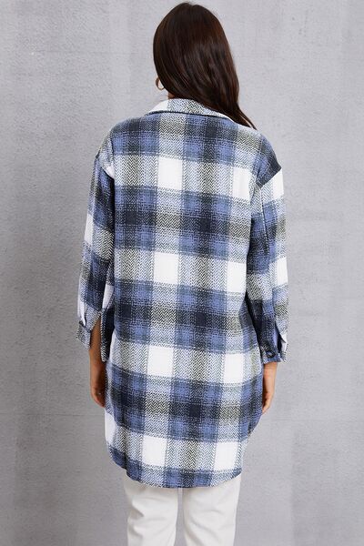 Plaid Button Up Dropped Shoulder Coat with Pockets