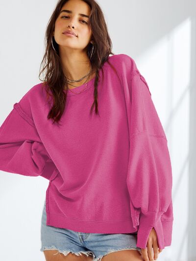 Slit Round Neck Dropped Shoulder Sweatshirt