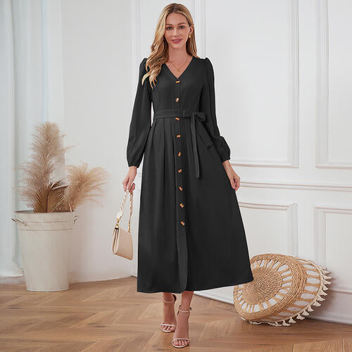V-Neck Button Up Tie Front Long Sleeve Dress