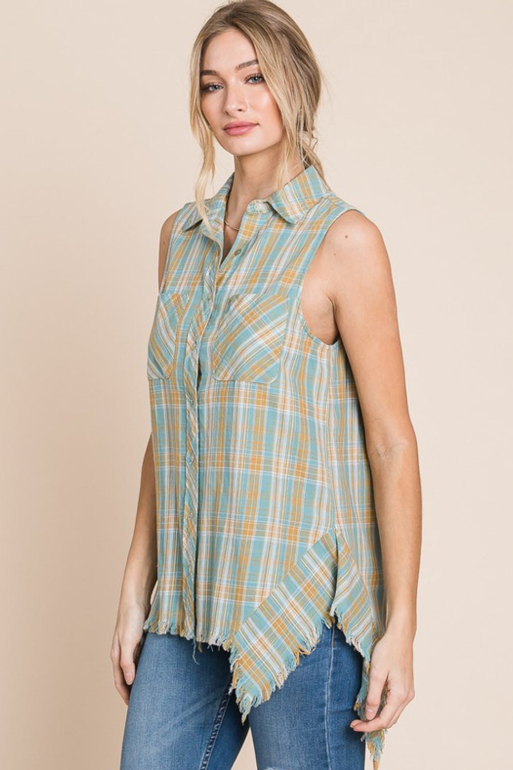 HEYSON Days Gone By Full Size Sleeveless Frayed Plaid Button-Up Shirt