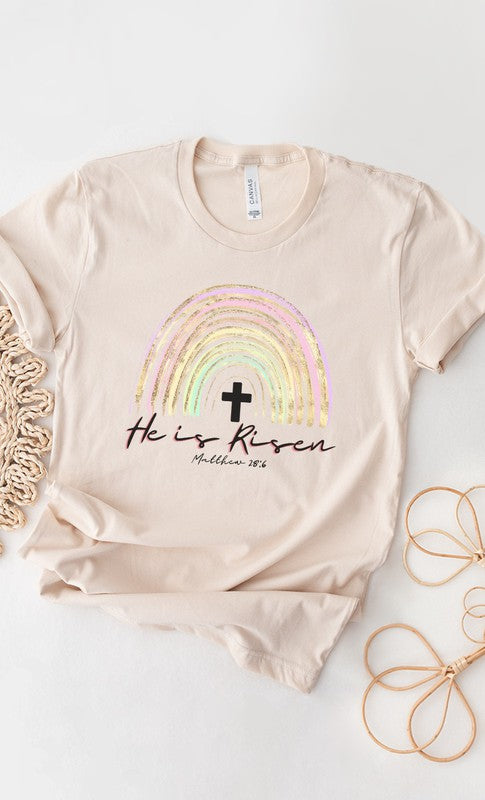 He Is Risen Easter Glitter Rainbow Graphic Tee