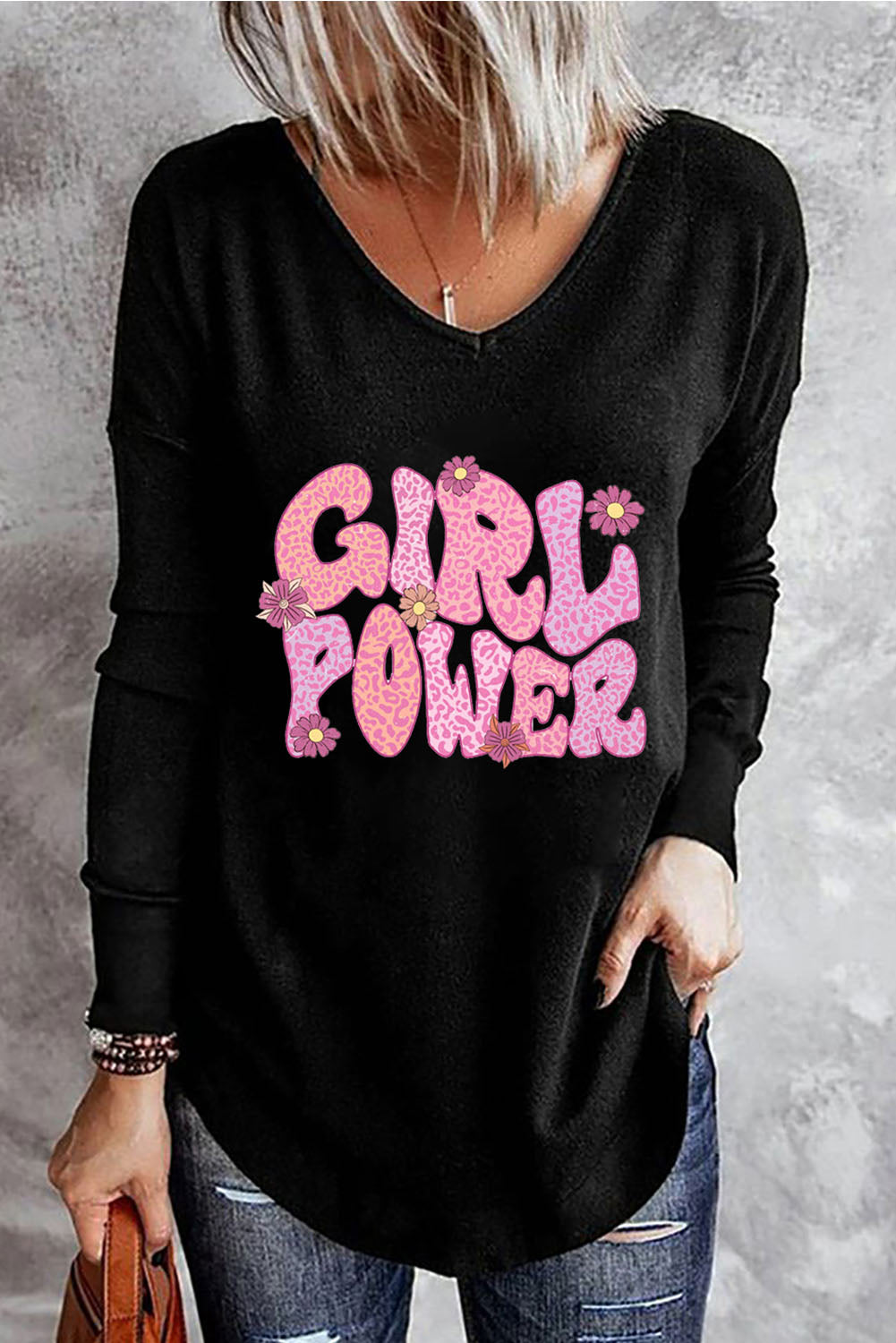 GIRL POWER Leopard Graphic V-Neck Top