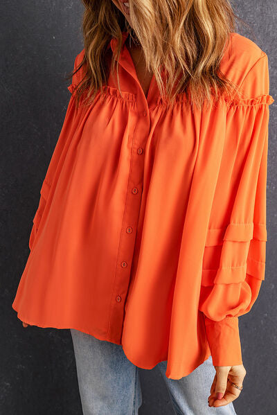 Frill Button Up Lantern Sleeve Blouse