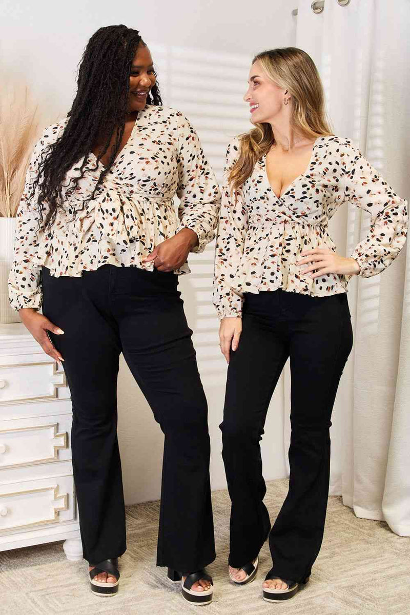 Double Take Printed Tied Plunge Peplum Blouse