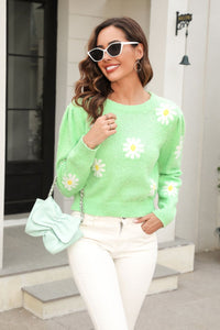 Flower Pattern Round Neck Short Sleeve Pullover Sweater